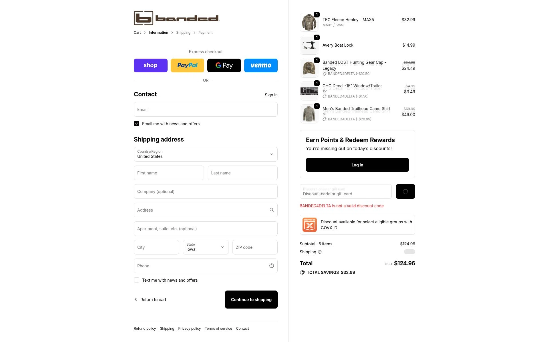 Banded Hunting Gear checkout page showing Banded Hunting Gear promo code box | Screenshot taken by SimplyCodes community member on Feb 18, 2026