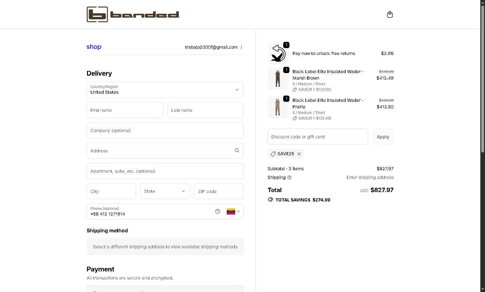 Banded Hunting Gear checkout page showing Banded Hunting Gear promo code box | Screenshot taken by SimplyCodes community member on Nov 15, 2025