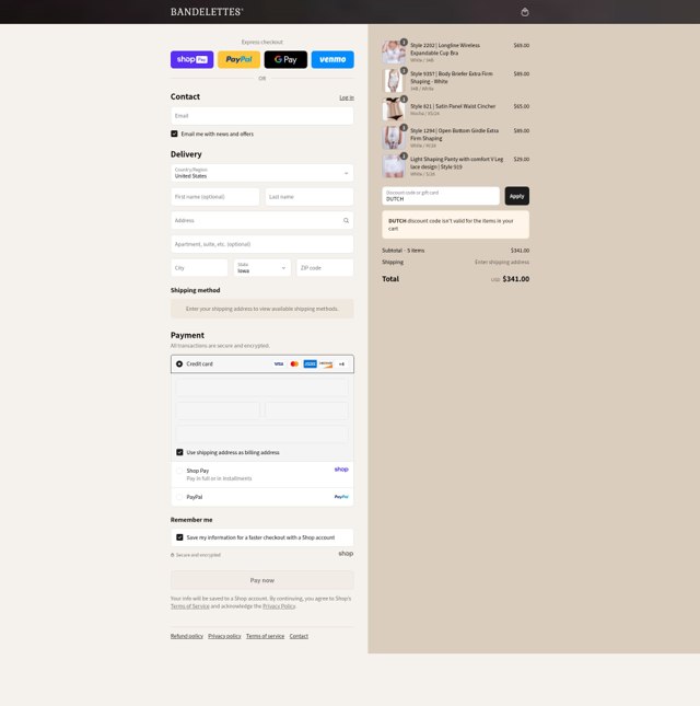 Bandelettes checkout page showing Bandelettes promo code box | Screenshot taken by SimplyCodes community member on Aug 26, 2025