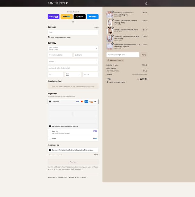 Bandelettes checkout page showing Bandelettes promo code box | Screenshot taken by SimplyCodes community member on Aug 26, 2025