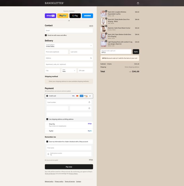 Bandelettes checkout page showing Bandelettes promo code box | Screenshot taken by SimplyCodes community member on Aug 26, 2025