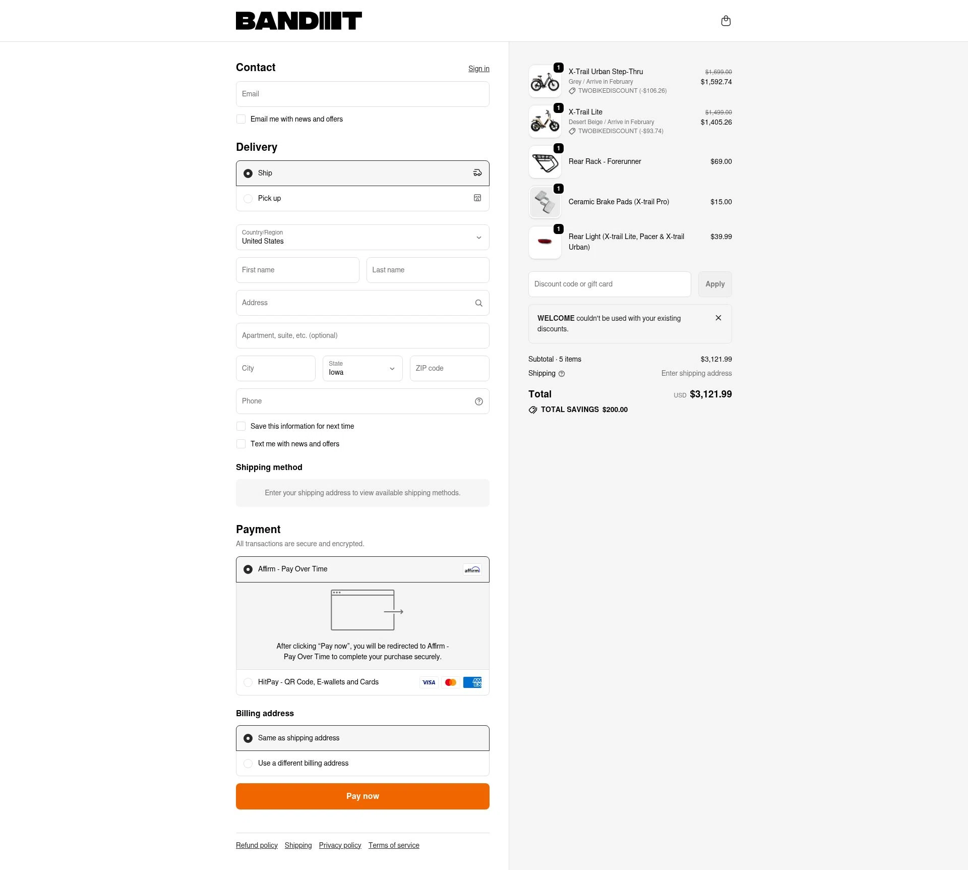 Bandit Bikes checkout page showing Bandit Bikes promo code box | Screenshot taken by SimplyCodes community member on Dec 25, 2025