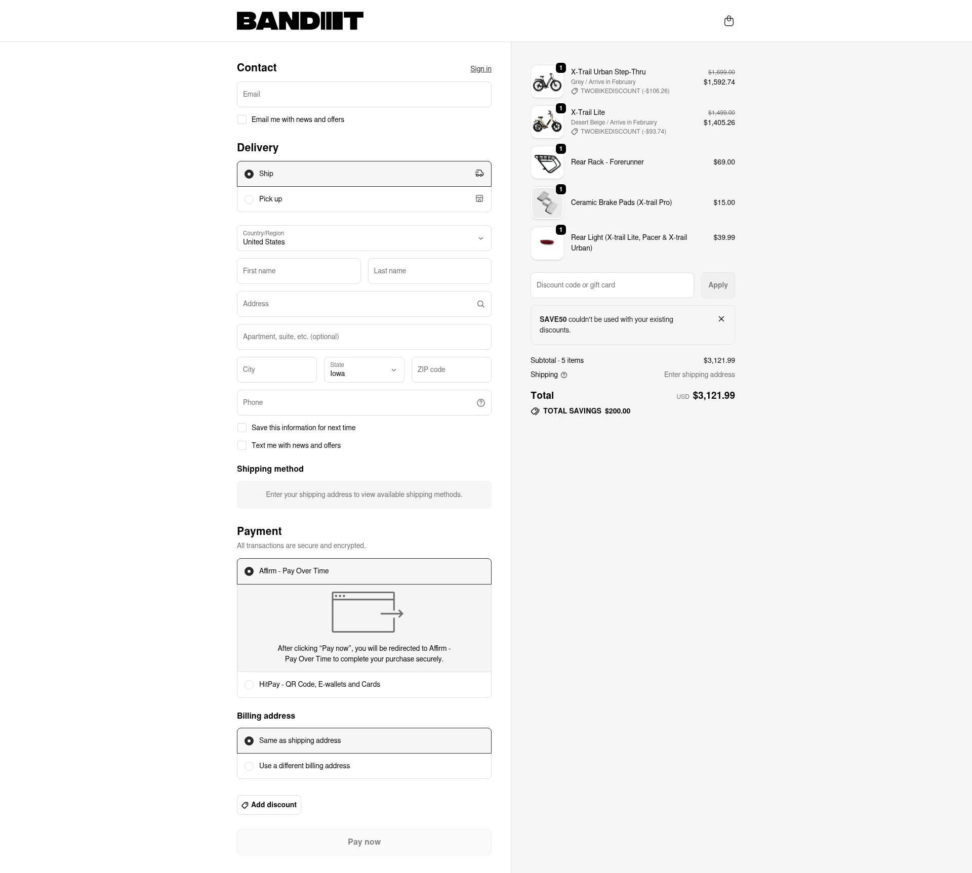 Bandit Bikes checkout page showing Bandit Bikes promo code box | Screenshot taken by SimplyCodes community member on Jan 9, 2026