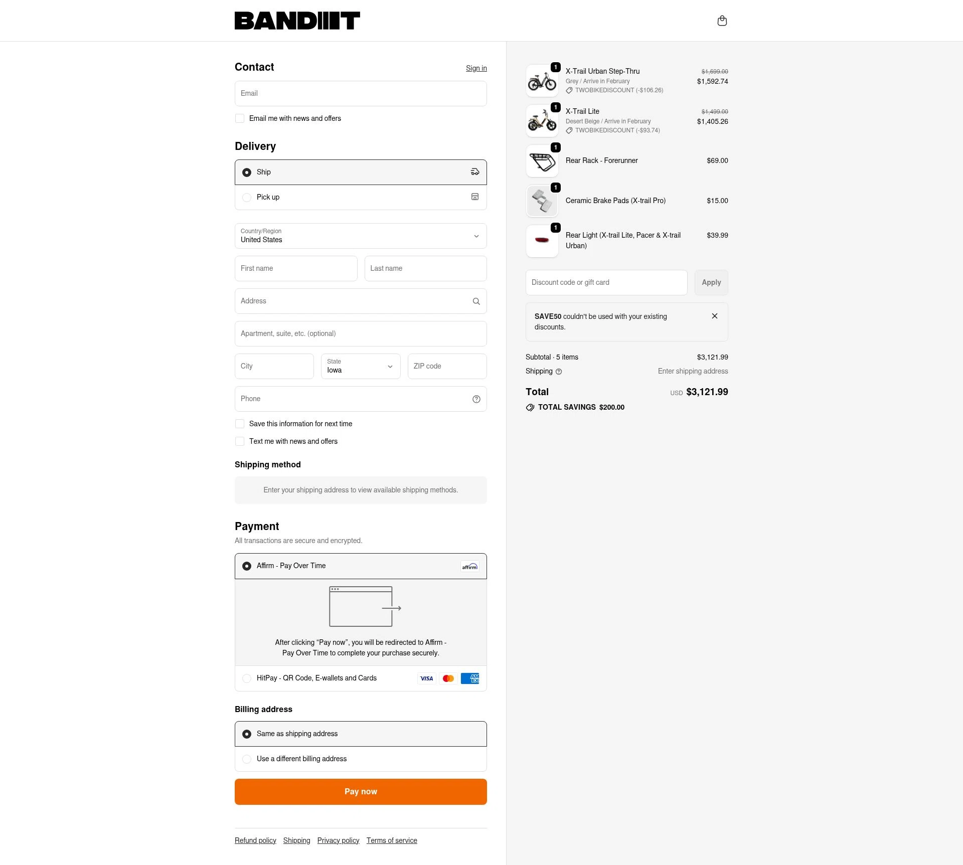 Bandit Bikes checkout page showing Bandit Bikes promo code box | Screenshot taken by SimplyCodes community member on Dec 30, 2025