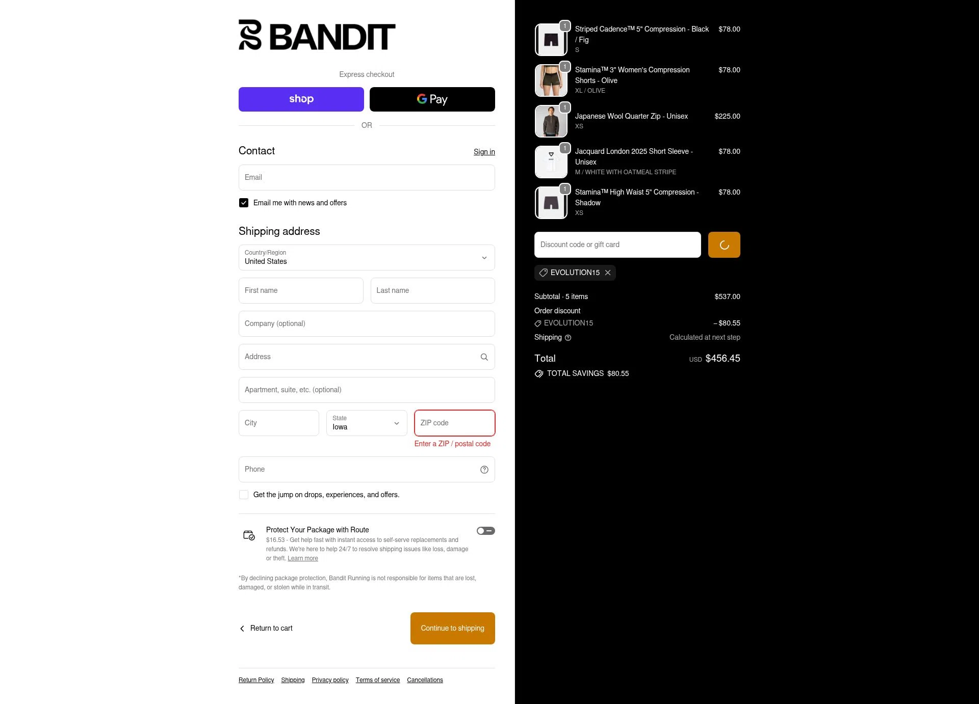 Bandit Running checkout page showing Bandit Running discount code box | Screenshot taken by SimplyCodes community member on Dec 26, 2025