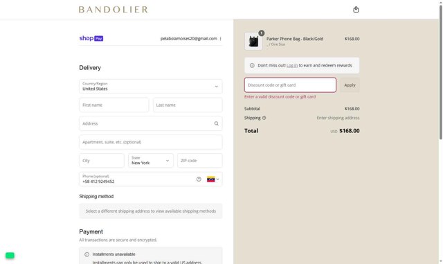 Bandolier checkout page showing Bandolier coupon code box | Screenshot taken by SimplyCodes community member on Aug 19, 2025
