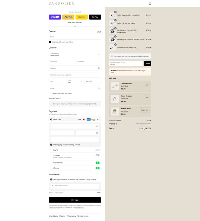 Bandolier checkout page showing Bandolier coupon code box | Screenshot taken by SimplyCodes community member on Aug 24, 2025