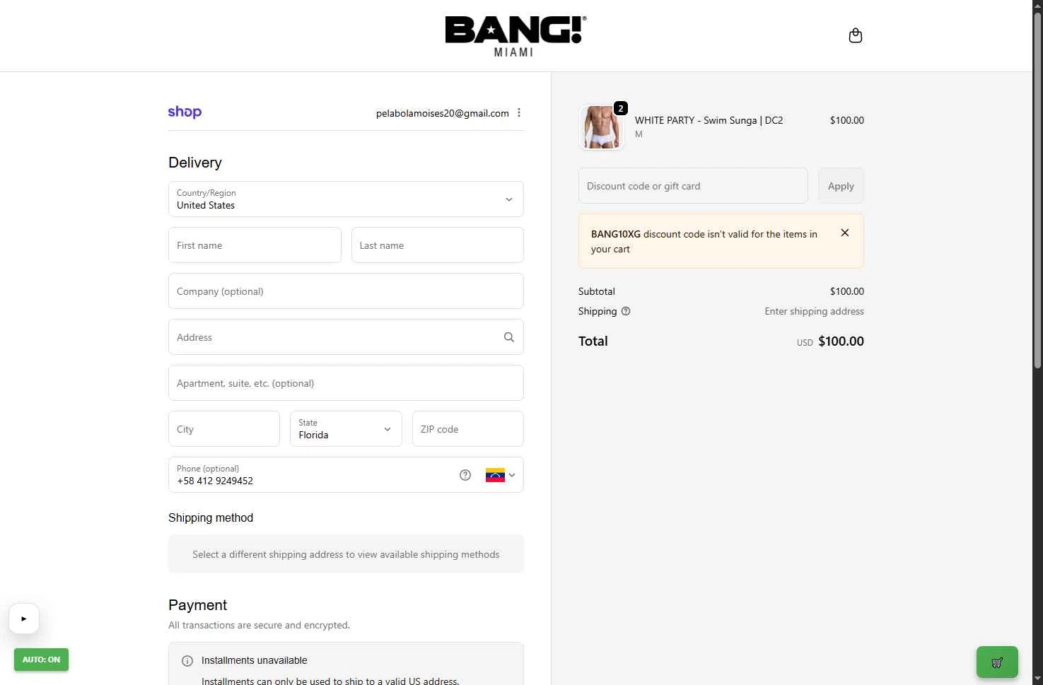 Bang Clothes checkout page showing Bang Clothes discount code box | Screenshot taken by SimplyCodes community member on Feb 19, 2026