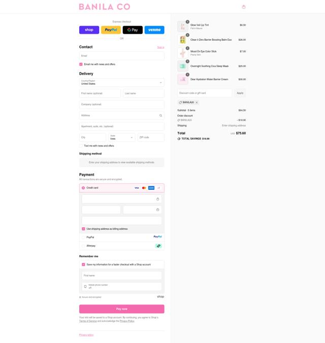 Banila Co. checkout page showing Banila Co. promo code box | Screenshot taken by SimplyCodes community member on Sep 11, 2025