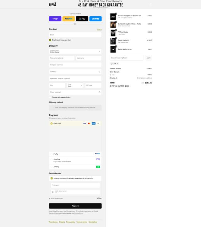 Banish checkout page showing Banish discount code box | Screenshot taken by SimplyCodes community member on Sep 14, 2025