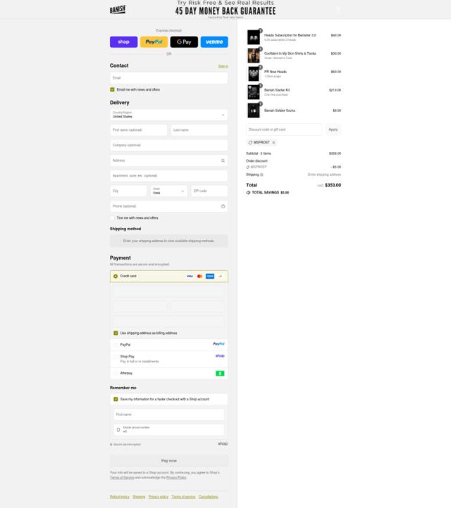 Banish checkout page showing Banish discount code box | Screenshot taken by SimplyCodes community member on Sep 14, 2025