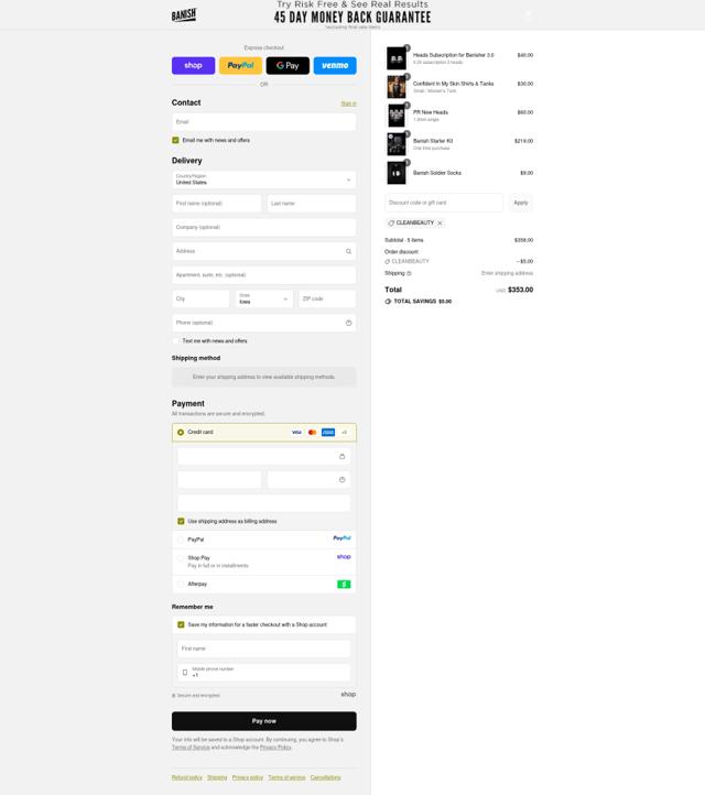 Banish checkout page showing Banish discount code box | Screenshot taken by SimplyCodes community member on Sep 14, 2025