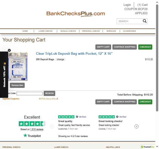 Bank Checks Plus checkout page showing Bank Checks Plus coupon code box | Screenshot taken by SimplyCodes community member on Aug 2, 2025