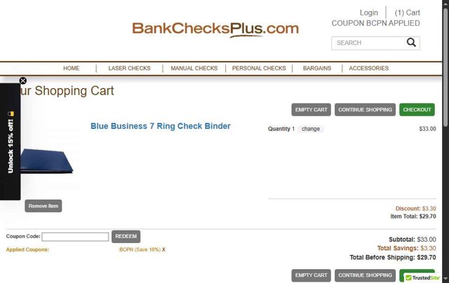 Bank Checks Plus checkout page showing Bank Checks Plus coupon code box | Screenshot taken by SimplyCodes community member on Aug 29, 2025