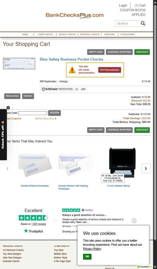 Bank Checks Plus checkout page showing Bank Checks Plus coupon code box | Screenshot taken by SimplyCodes community member on Aug 29, 2025
