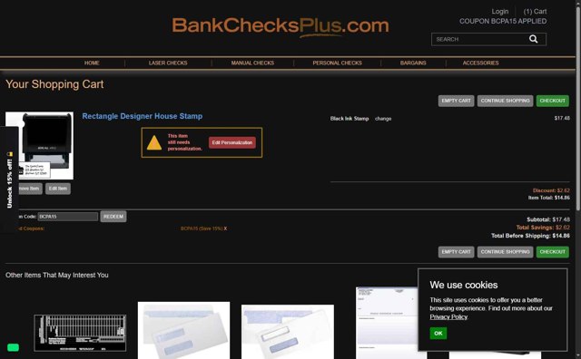 Bank Checks Plus checkout page showing Bank Checks Plus coupon code box | Screenshot taken by SimplyCodes community member on Aug 29, 2025