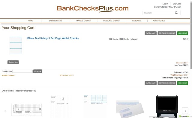 Bank Checks Plus checkout page showing Bank Checks Plus coupon code box | Screenshot taken by SimplyCodes community member on Aug 2, 2025
