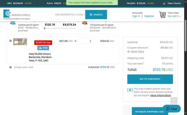Banknote World checkout page showing Banknote World discount code box | Screenshot taken by SimplyCodes community member on Aug 13, 2025