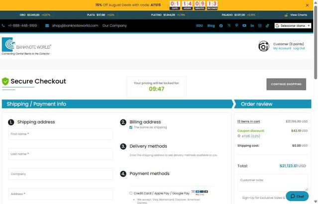 Banknote World checkout page showing Banknote World discount code box | Screenshot taken by SimplyCodes community member on Aug 20, 2025