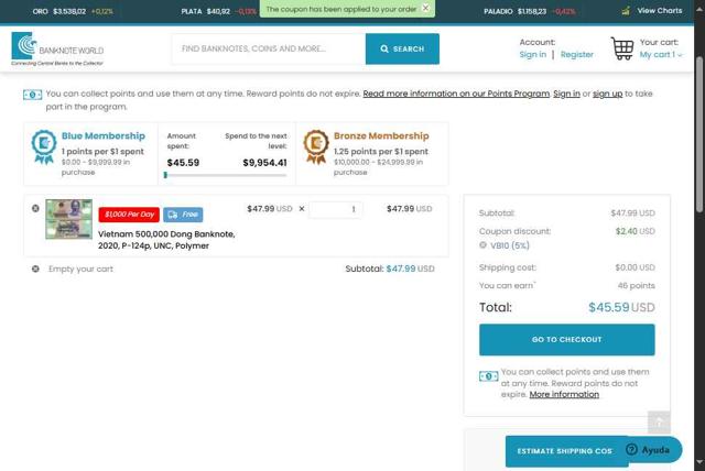 Banknote World checkout page showing Banknote World discount code box | Screenshot taken by SimplyCodes community member on Sep 3, 2025