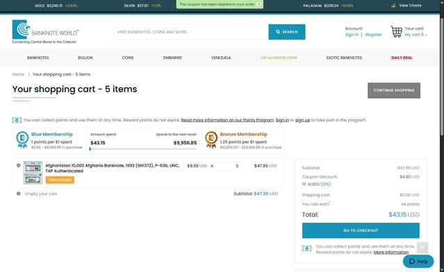 Banknote World checkout page showing Banknote World discount code box | Screenshot taken by SimplyCodes community member on Aug 20, 2025