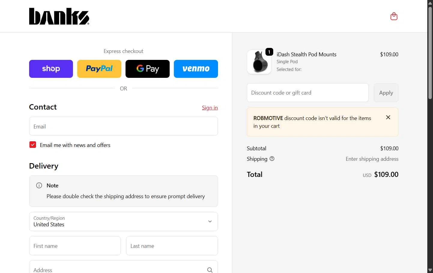 Banks Power checkout page showing Banks Power discount code box | Screenshot taken by SimplyCodes community member on Feb 12, 2026