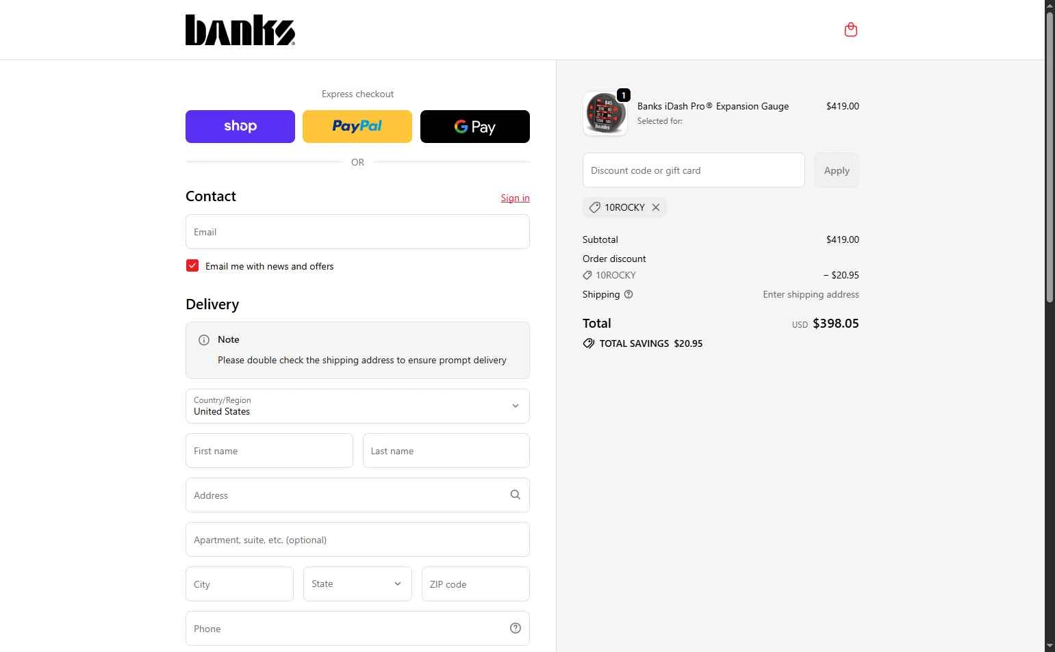 Banks Power checkout page showing Banks Power discount code box | Screenshot taken by SimplyCodes community member on Feb 13, 2026