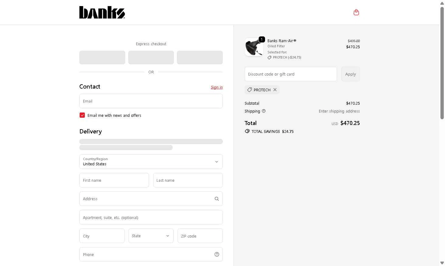 Banks Power checkout page showing Banks Power discount code box | Screenshot taken by SimplyCodes community member on Jan 4, 2026
