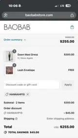 HANNAHP15 coupon verification screenshot