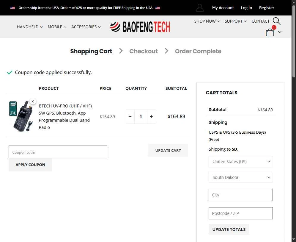 BaoFeng Tech checkout page showing BaoFeng Tech promo code box | Screenshot taken by SimplyCodes community member on Oct 4, 2025