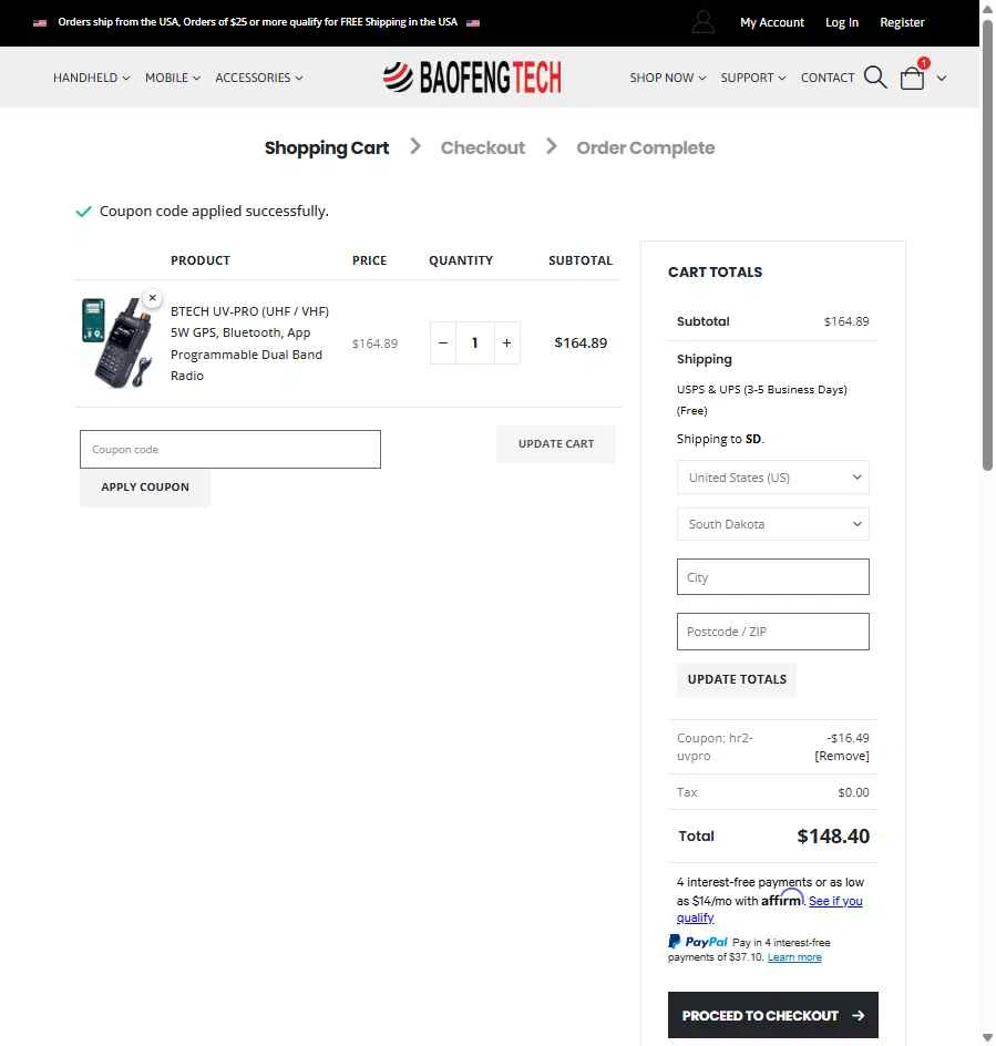 BaoFeng Tech checkout page showing BaoFeng Tech promo code box | Screenshot taken by SimplyCodes community member on Jun 1, 2025