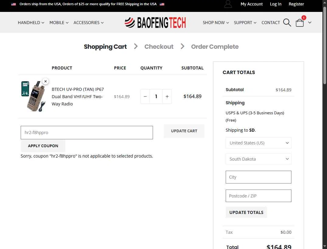 BaoFeng Tech checkout page showing BaoFeng Tech promo code box | Screenshot taken by SimplyCodes community member on Jan 18, 2026