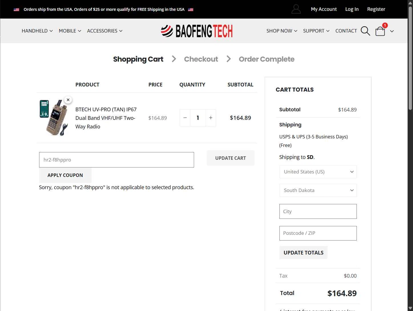 BaoFeng Tech checkout page showing BaoFeng Tech promo code box | Screenshot taken by SimplyCodes community member on Jul 24, 2025