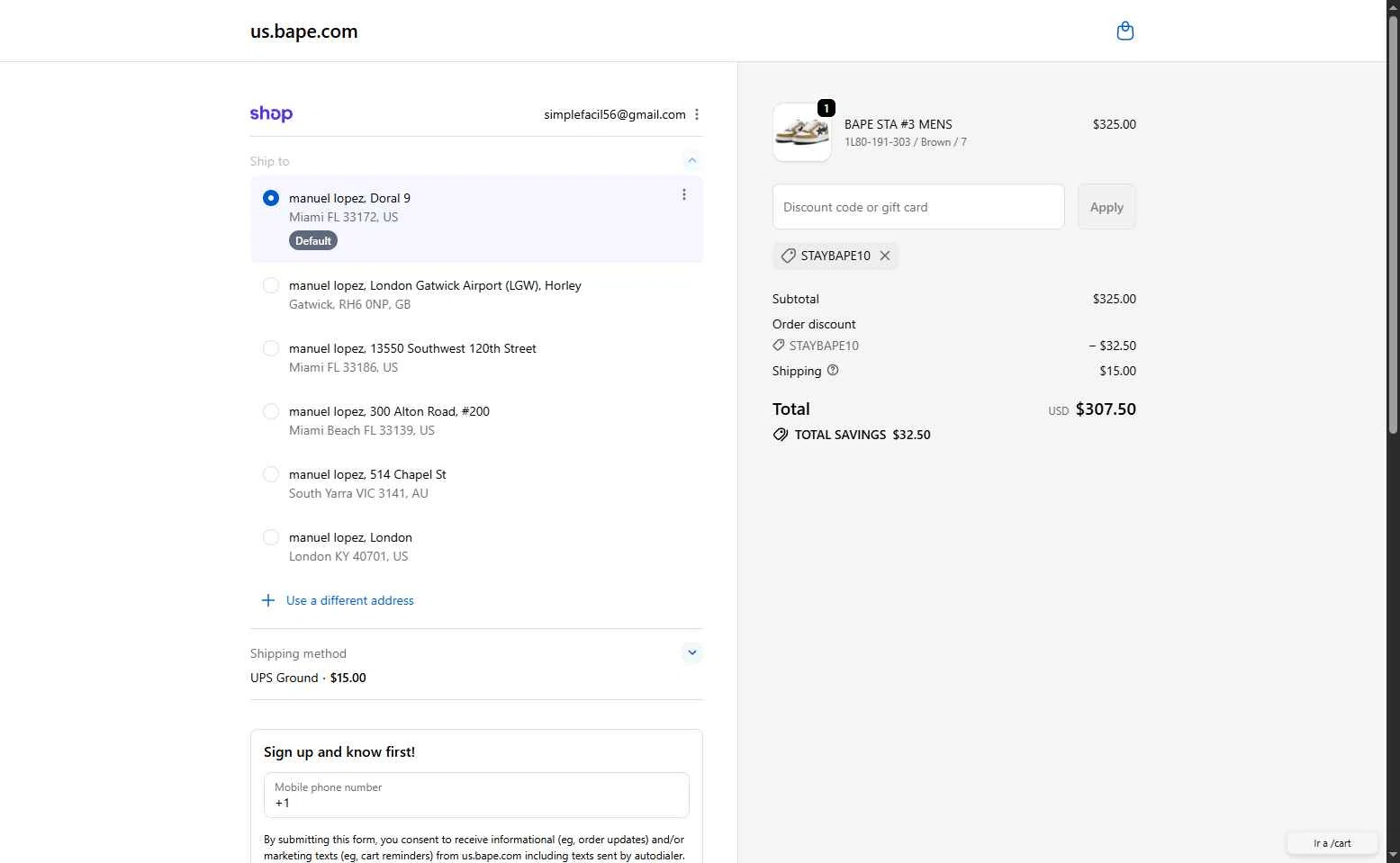 BAPE checkout page showing BAPE discount code box | Screenshot taken by SimplyCodes community member on Oct 11, 2025
