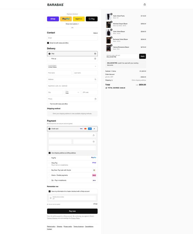 Barabas checkout page showing Barabas discount code box | Screenshot taken by SimplyCodes community member on Sep 14, 2025