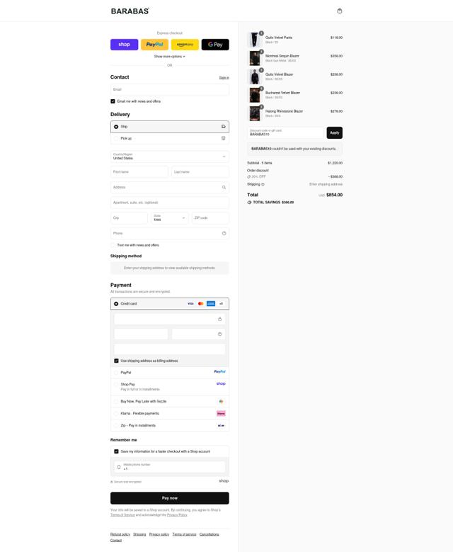 Barabas checkout page showing Barabas discount code box | Screenshot taken by SimplyCodes community member on Sep 14, 2025