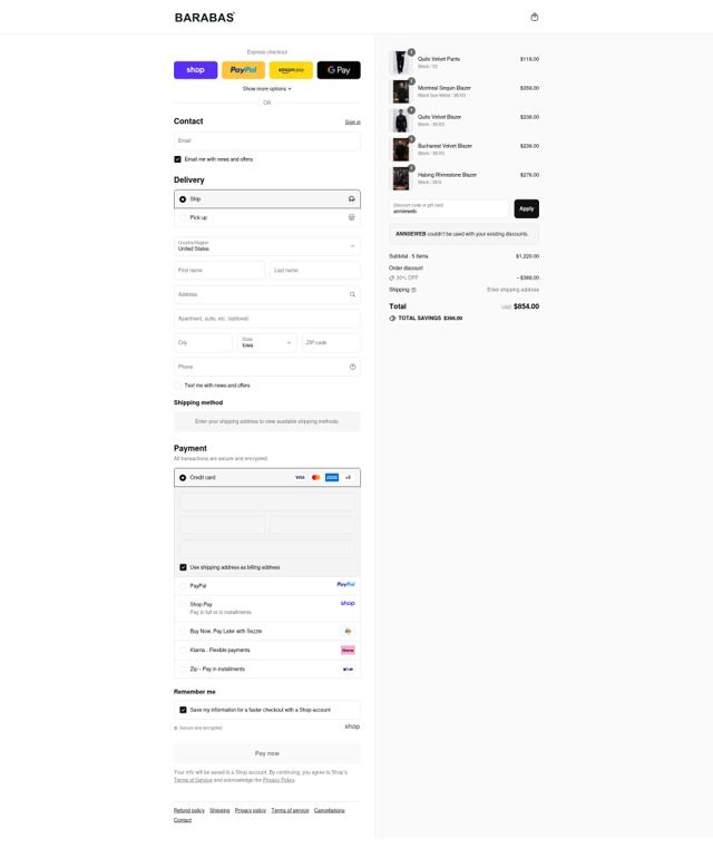 Barabas checkout page showing Barabas discount code box | Screenshot taken by SimplyCodes community member on Sep 14, 2025