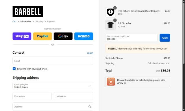 Barbell Apparel checkout page showing Barbell Apparel discount code box | Screenshot taken by SimplyCodes community member on Aug 23, 2025