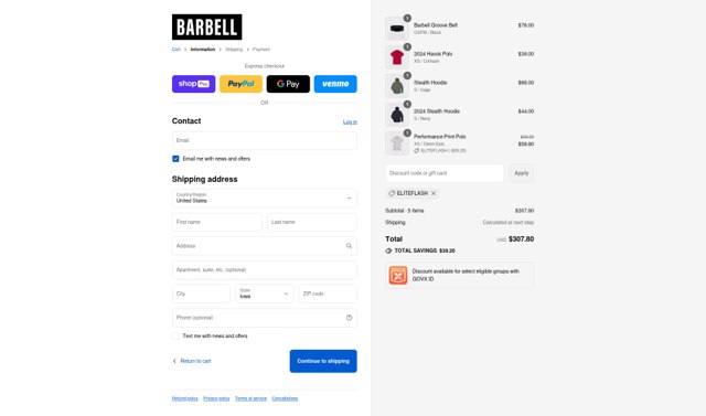 Barbell Apparel checkout page showing Barbell Apparel discount code box | Screenshot taken by SimplyCodes community member on Aug 24, 2025