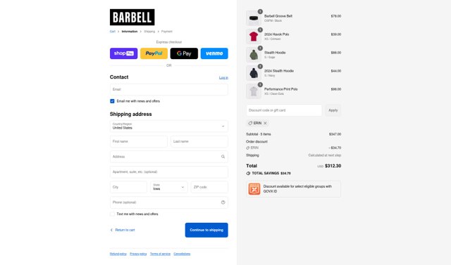 Barbell Apparel checkout page showing Barbell Apparel discount code box | Screenshot taken by SimplyCodes community member on Aug 24, 2025
