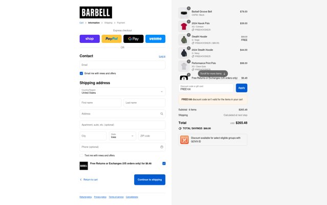 Barbell Apparel checkout page showing Barbell Apparel discount code box | Screenshot taken by SimplyCodes community member on Aug 29, 2025