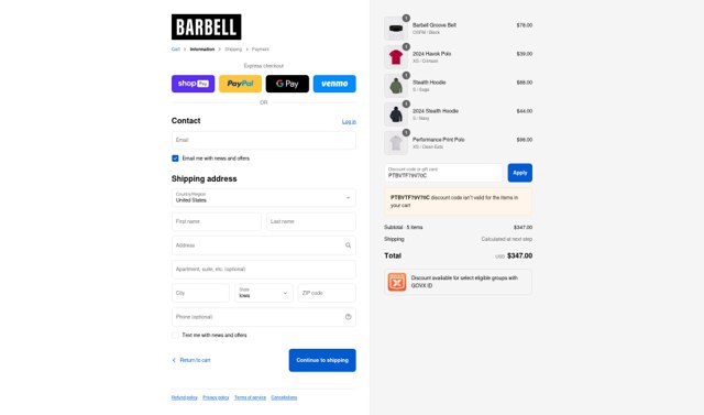Barbell Apparel checkout page showing Barbell Apparel discount code box | Screenshot taken by SimplyCodes community member on Aug 24, 2025