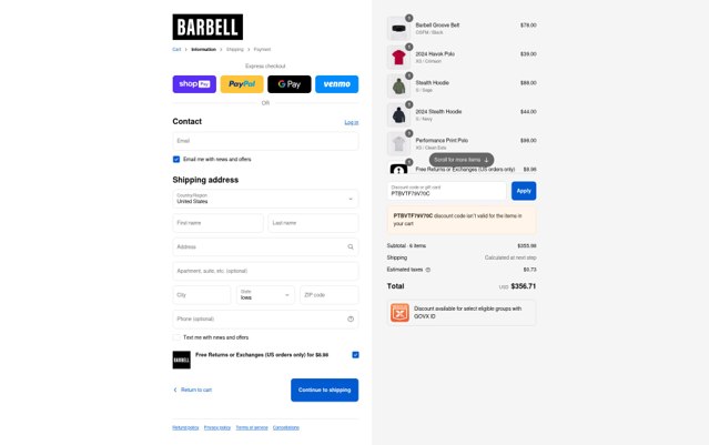 Barbell Apparel checkout page showing Barbell Apparel discount code box | Screenshot taken by SimplyCodes community member on Aug 20, 2025