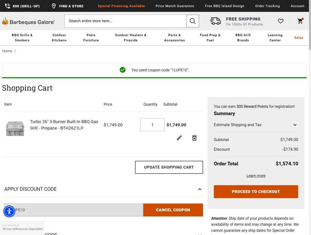 Barbeques Galore checkout page showing Barbeques Galore promo code box | Screenshot taken by SimplyCodes community member on Aug 21, 2025
