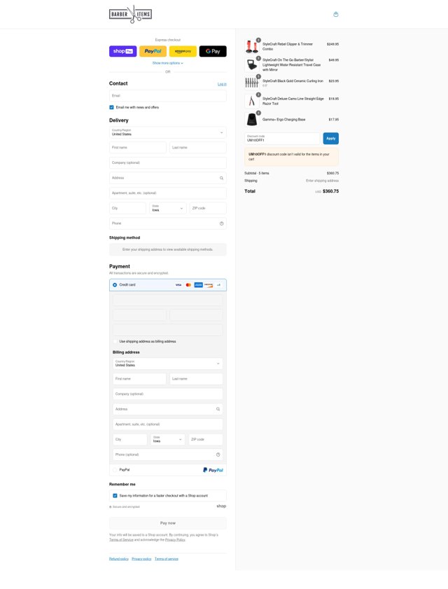 Barber Items checkout page showing Barber Items discount code box | Screenshot taken by SimplyCodes community member on Jul 30, 2025