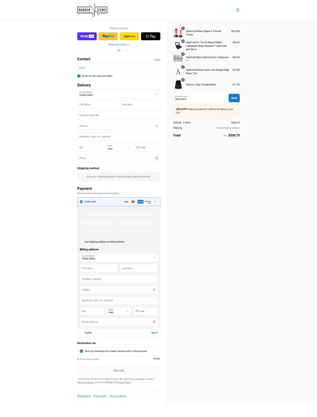 Barber Items checkout page showing Barber Items discount code box | Screenshot taken by SimplyCodes community member on Aug 25, 2025