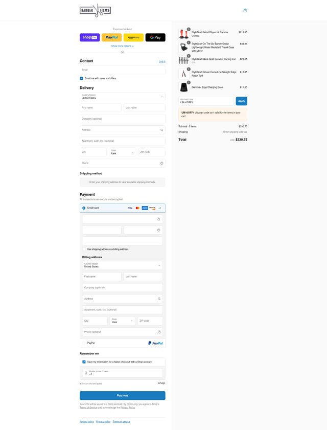 Barber Items checkout page showing Barber Items discount code box | Screenshot taken by SimplyCodes community member on Aug 11, 2025