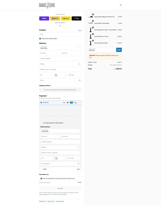 Barber Items checkout page showing Barber Items discount code box | Screenshot taken by SimplyCodes community member on Sep 2, 2025