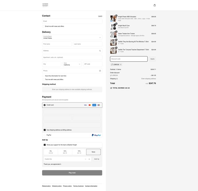 Barber Knight checkout page showing Barber Knight discount code box | Screenshot taken by SimplyCodes community member on Jun 17, 2025
