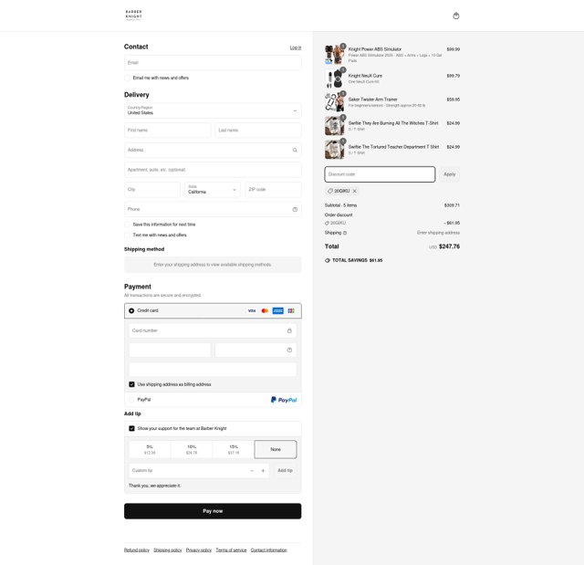 Barber Knight checkout page showing Barber Knight discount code box | Screenshot taken by SimplyCodes community member on Jun 17, 2025